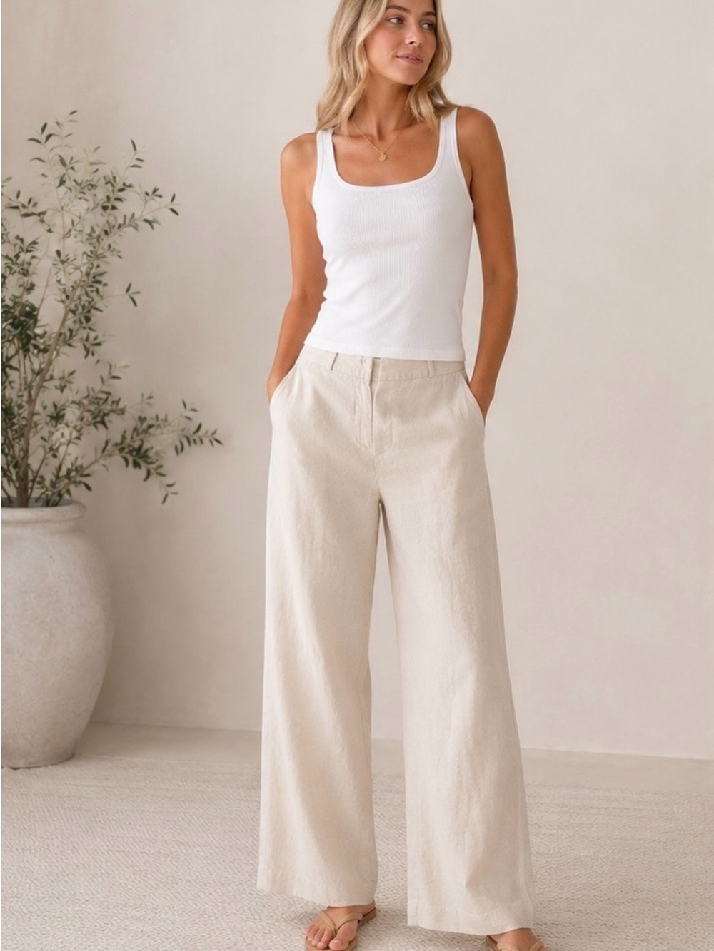 Talbots Signature 100% Linen Wide Leg Pants Ivory Lined Coastal Chic 14